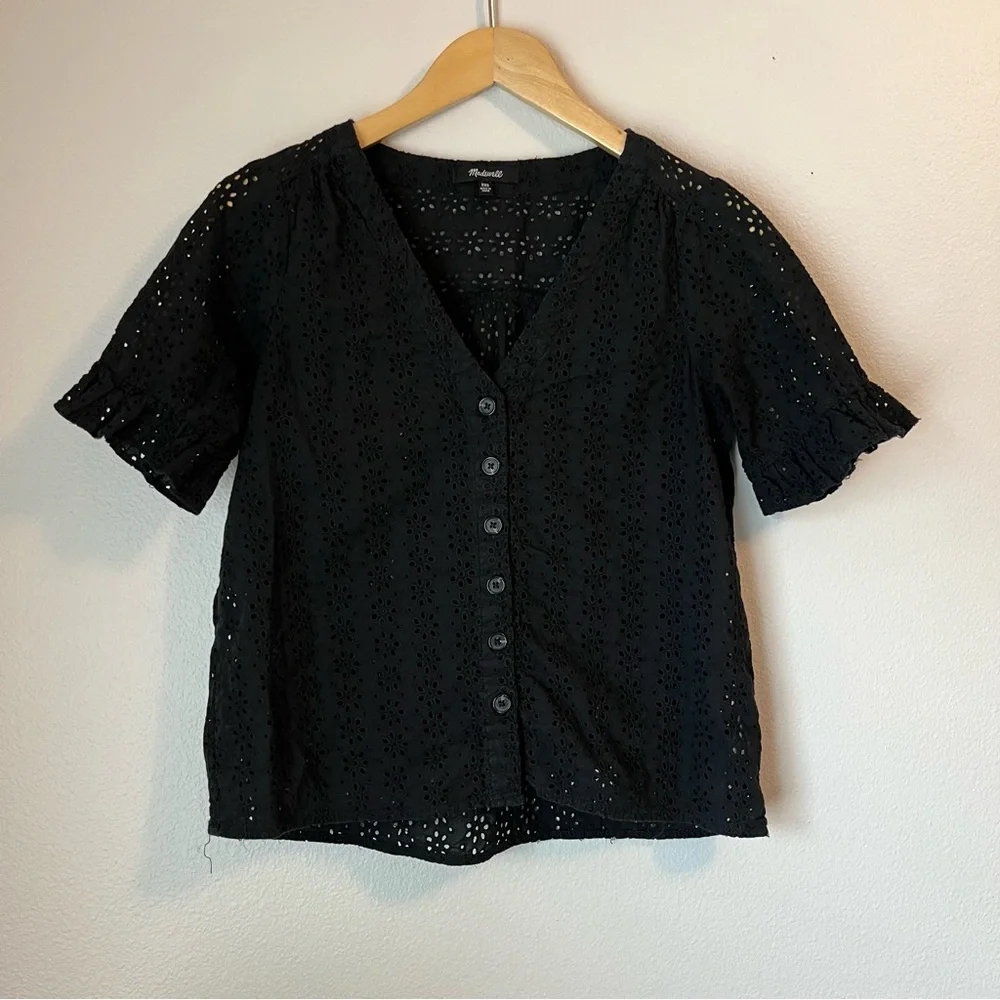 Madewell Eyelet Village Ruffle Sleeve Shirt Top Blouse Black - Picture 2 of 6